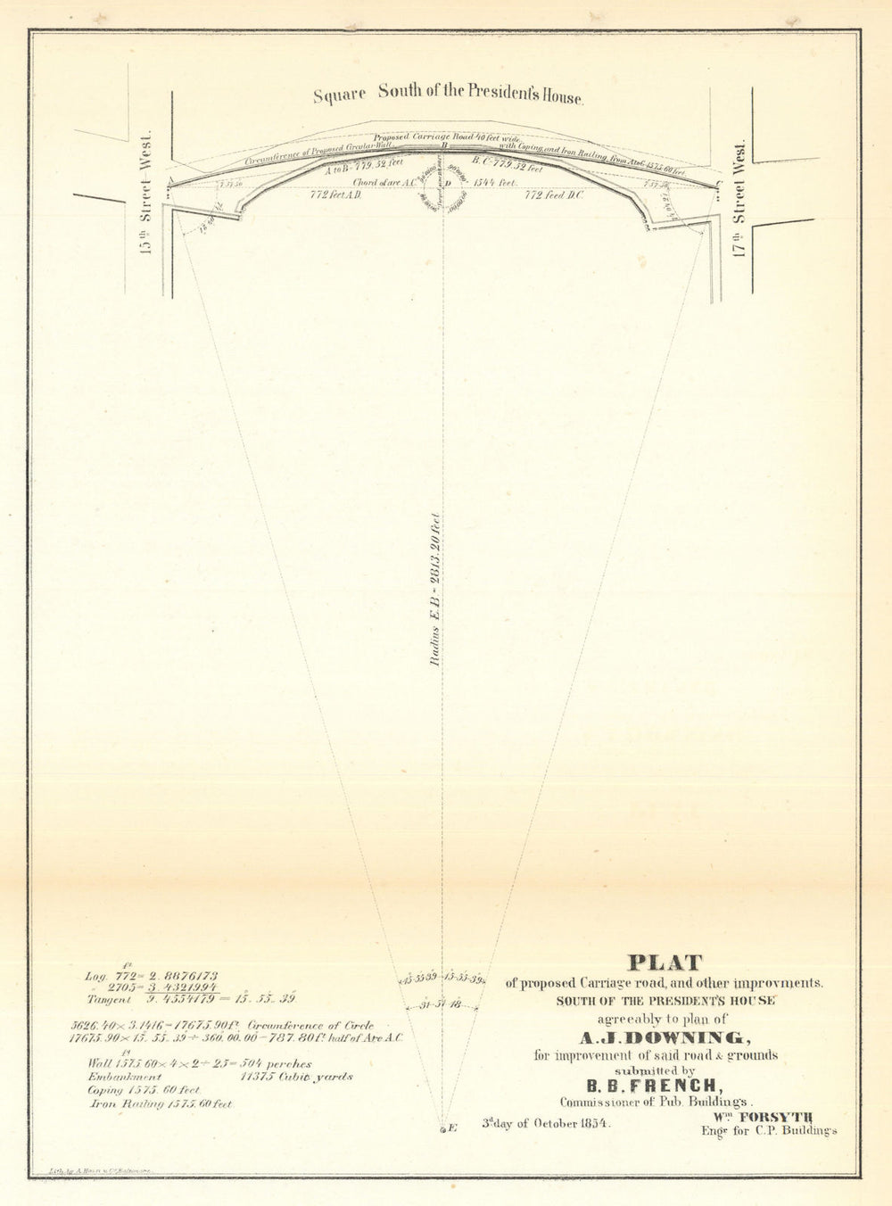 Proposed carriage-road… south of the President's House. Washington DC 1854 map