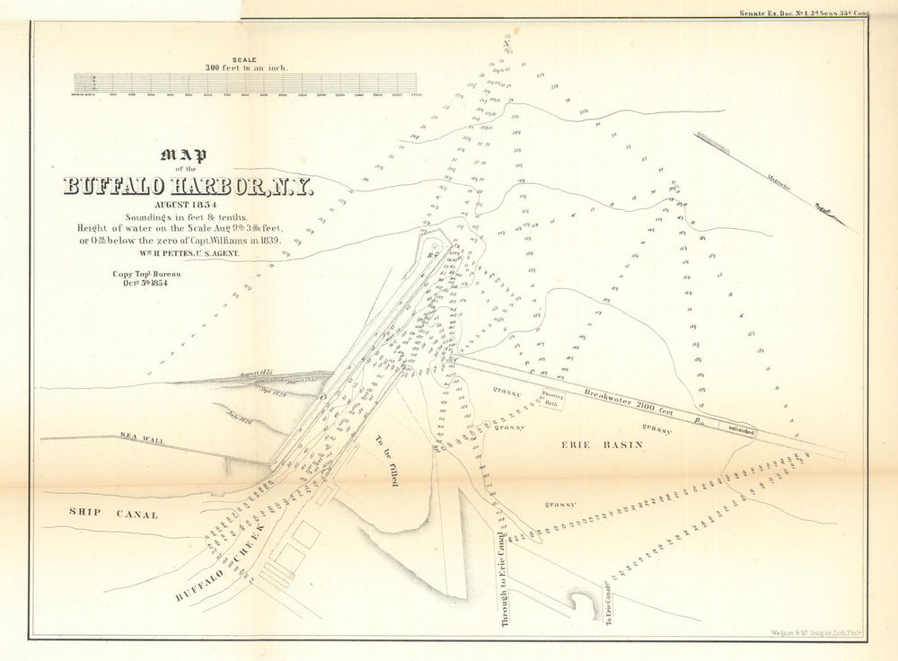 Map of the Buffalo Harbor, New York. US Topographical Bureau 1854 old