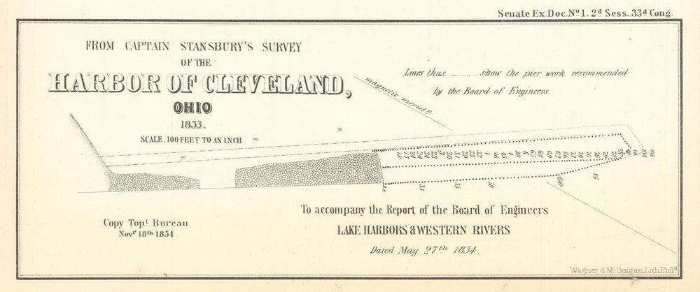 From Captain Stansbury's Survey of the Harbor of Cleveland, Ohio 1854 old map