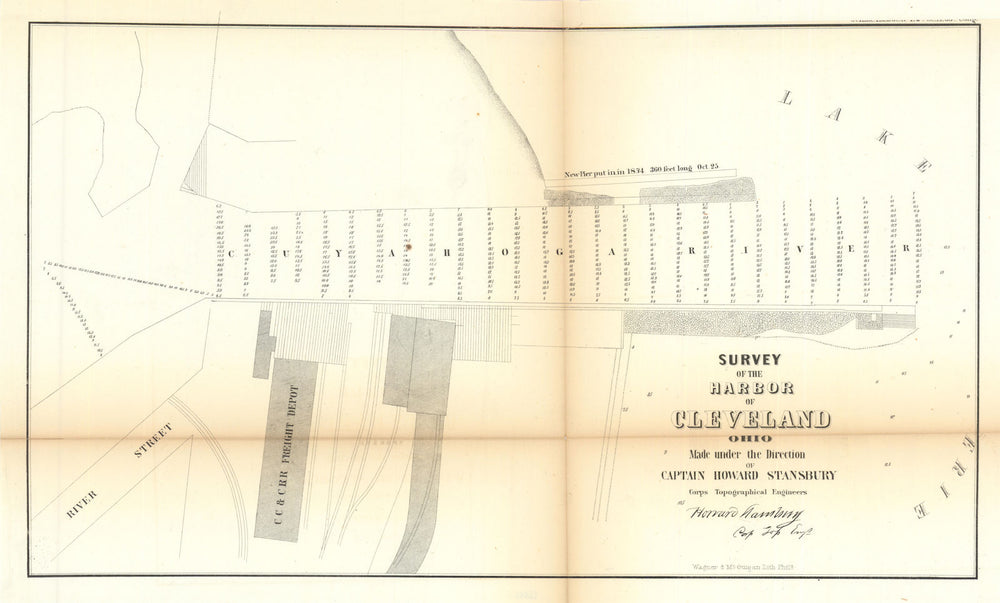 Survey of the Harbor of Cleveland, Ohio. US Topographical Bureau 1854 old map