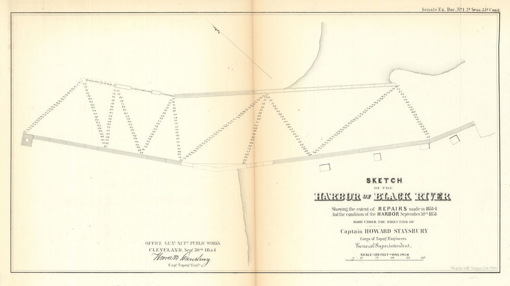 Sketch of the Harbor of Black River showing the extent of repairs made… 1854 map