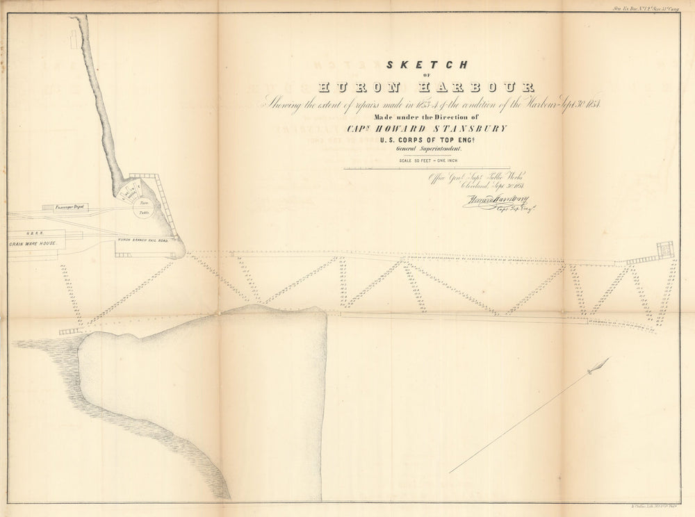 Sketch of Huron Harbor showing the extent of repairs made… Ohio 1854 old map