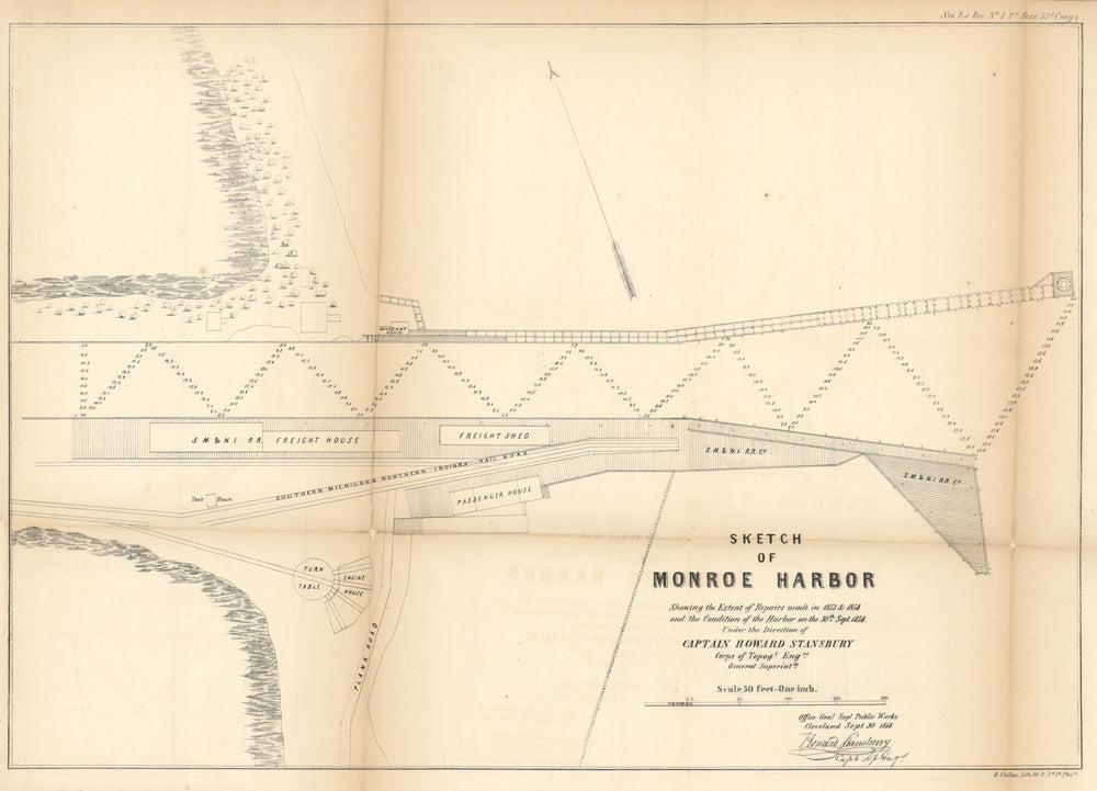 Sketch of Monroe Harbor, Ohio. US Topographical Bureau 1854 old antique map