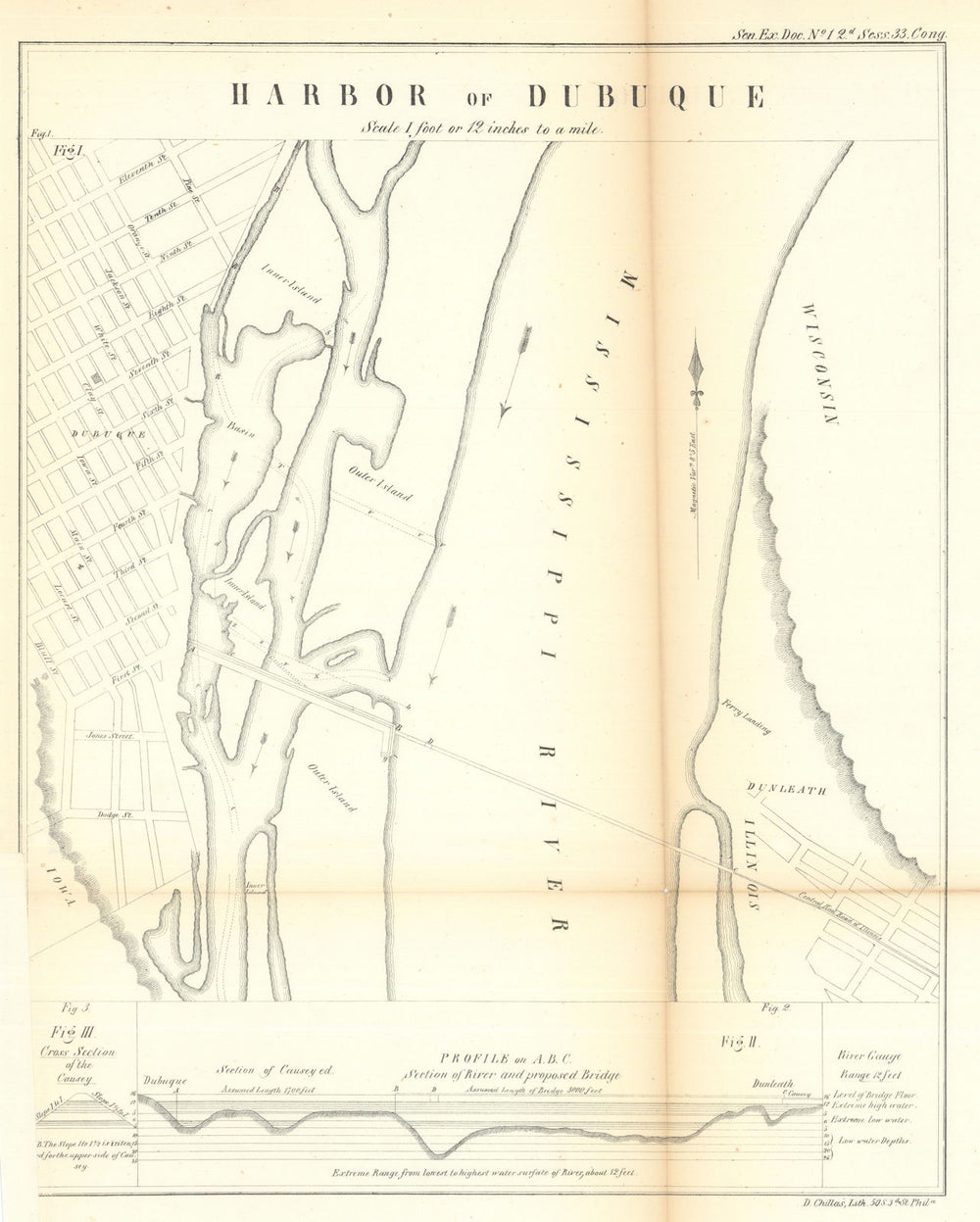 Harbor of Dubuque, Iowa. US Topographical Bureau 1854 old antique map chart
