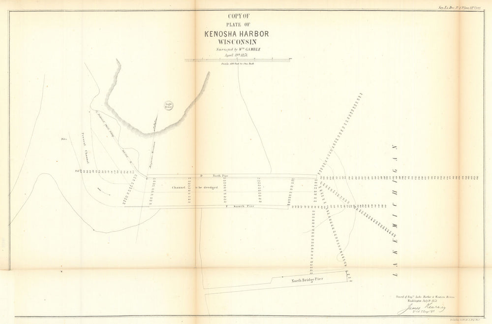 Copy of Plate of Kenosha Harbor, Wisconsin. US Topographical Bureau 1854 map