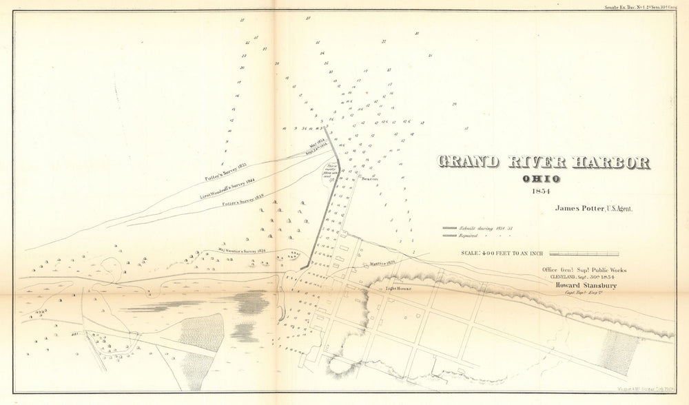 Grand River Harbor, Ohio. US Topographical Bureau 1854 old antique map chart
