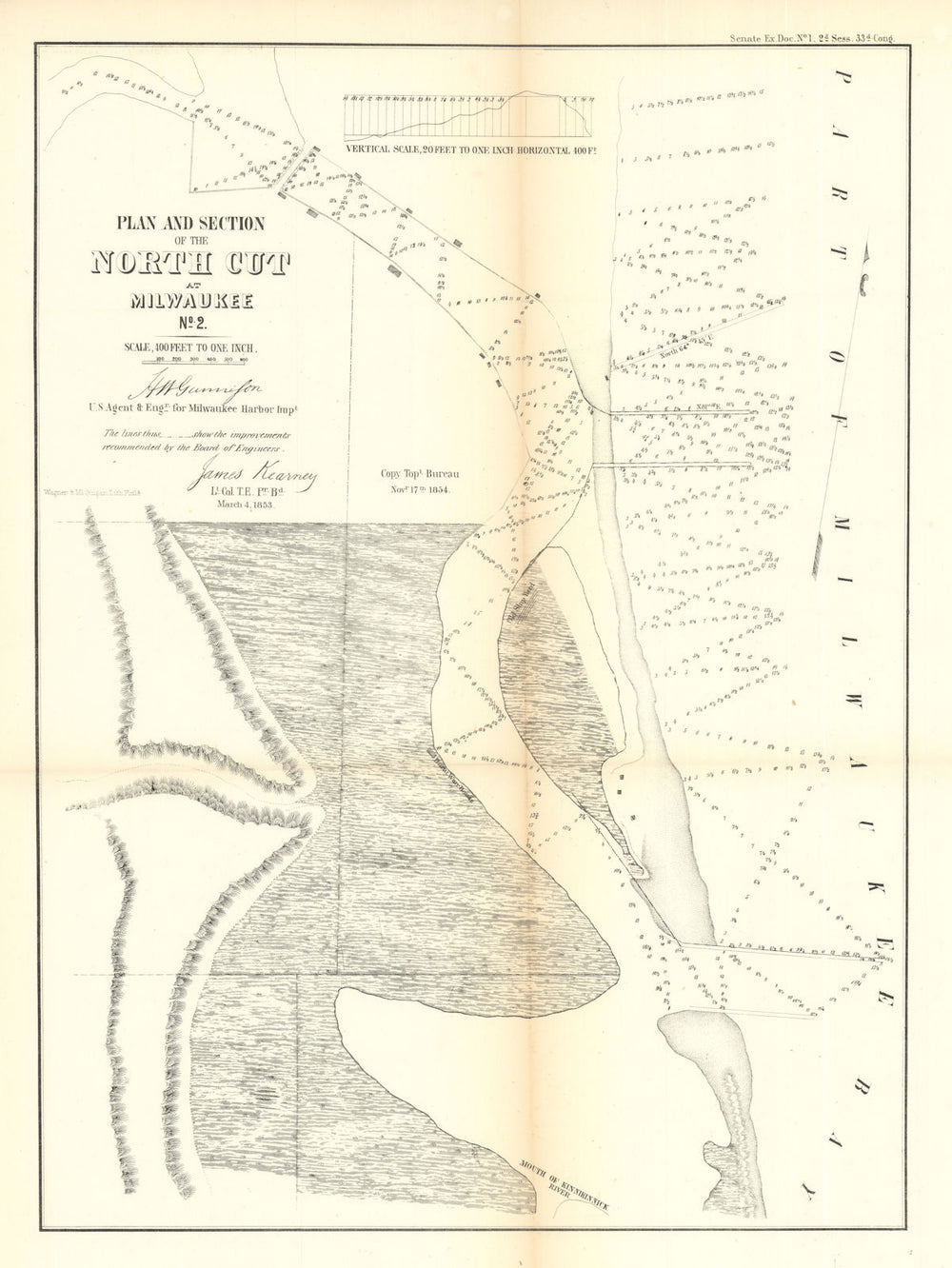 Plan & Section of the North Cut at Milwaukee Harbor, No. 2. Wisconsin 1854 map