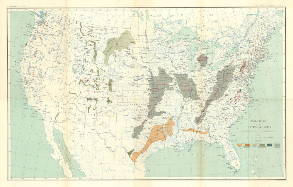 Coal Fields of the United States showing coal-bearing formations. USGS 1902 map