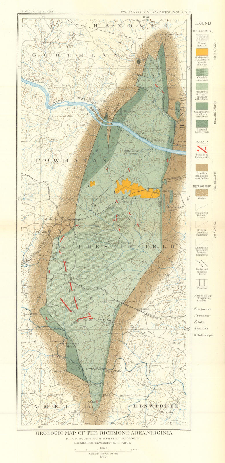 Geologic map of the Richmond area, Virginia. US Geological Survey 1902 old