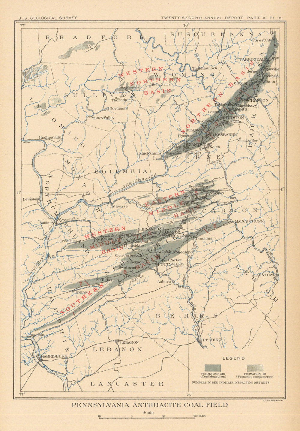 Pennsylvania anthracite coal field. US Geological Survey 1902 old antique map