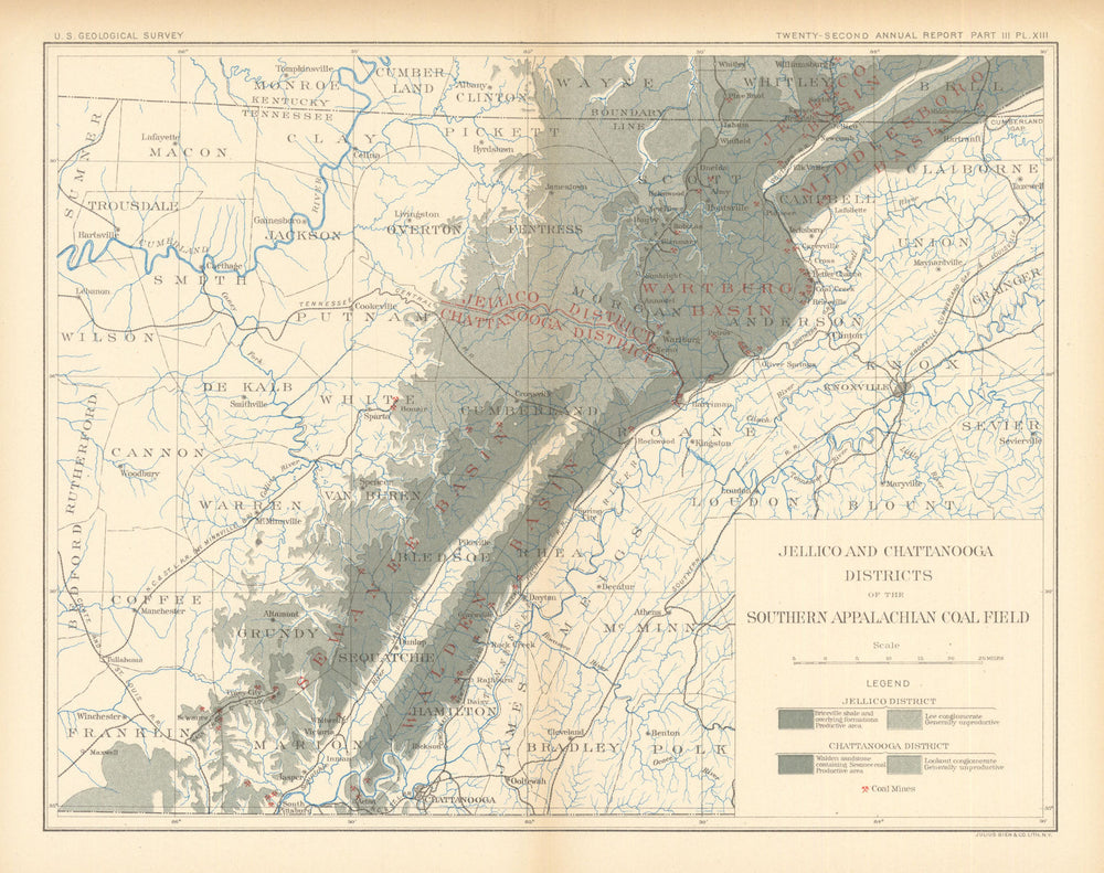 Southern Appalachian Coal Field, Jellico & Chattanooga, Tennessee. USGS 1902 map