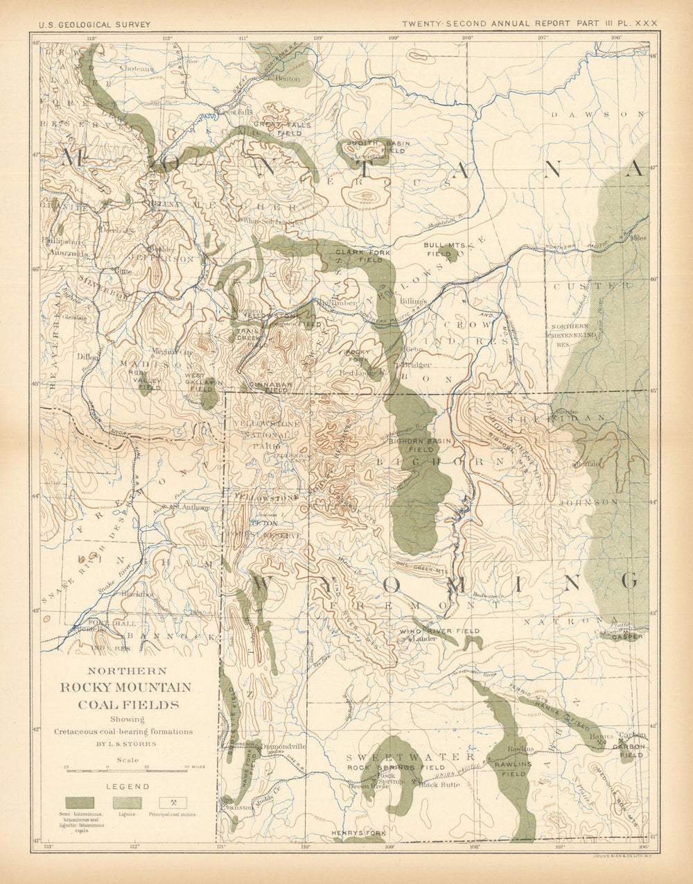 Northern Rocky Mountain coal fields. Montana Wyoming. USGS 1902 old map