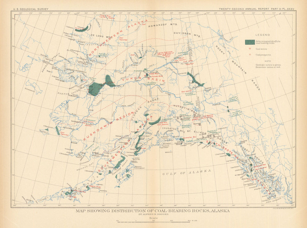 Alaska. Distribution of coal-bearing rocks. US Geological Survey 1902 old map