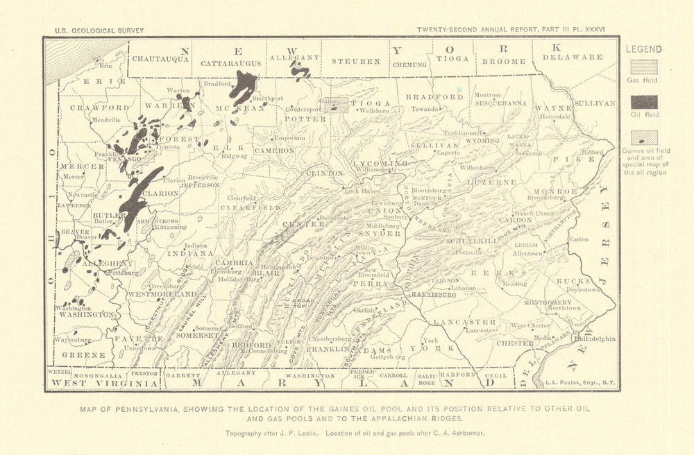 Gaines oil pool Pennslyvania. Relative position Appalachian Ridges USGS 1902 map