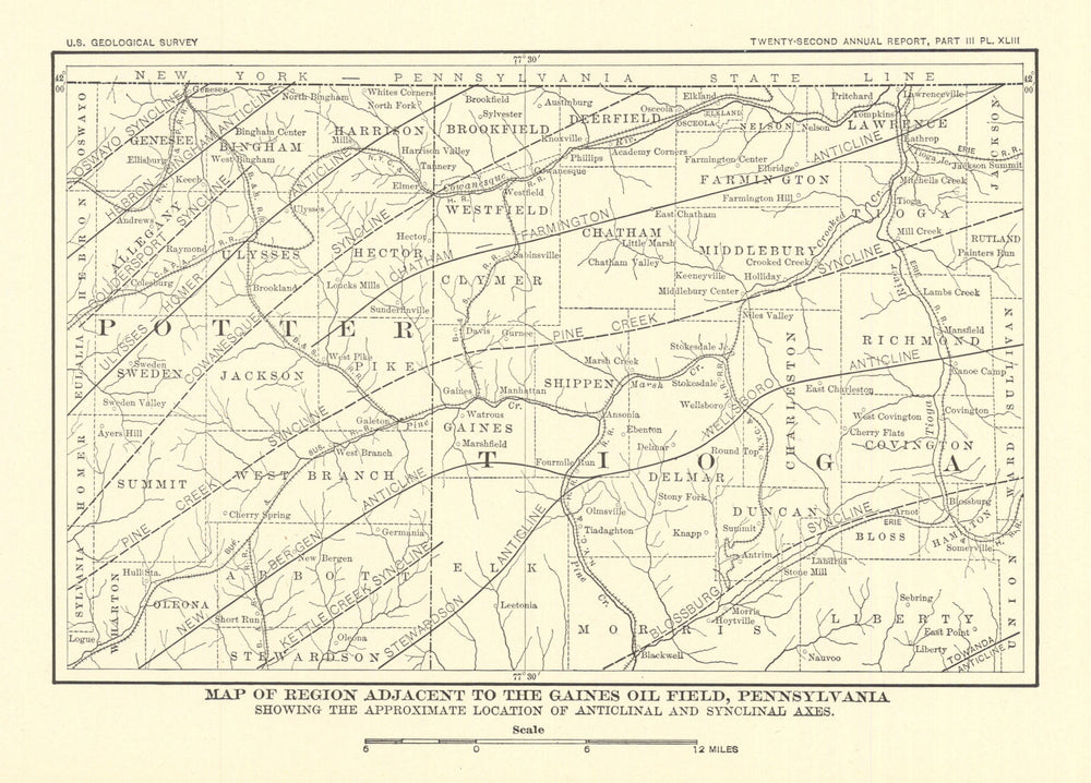 Gaines oil field, Pennsylvania. Anticlinal & synclinal axes. USGS 1902 old map