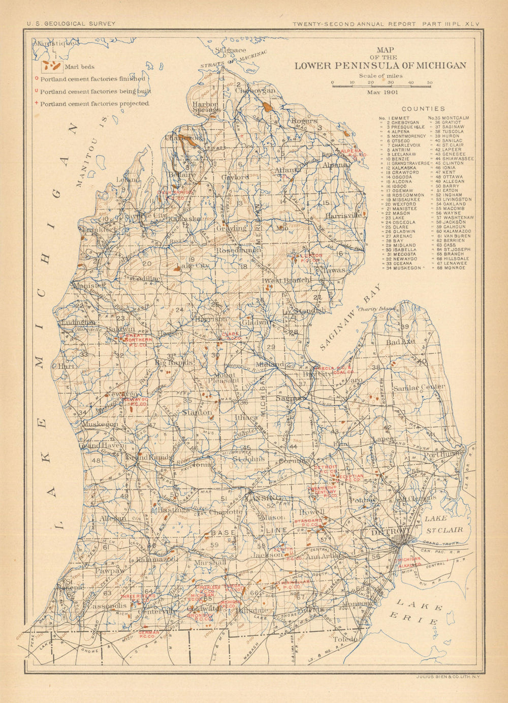 Lower Peninsula of Michigan showing marl beds & cement factories. USGS 1902 map