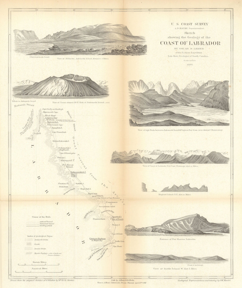 US Coast Survey. Geology of Labrador. Eclipse Expedition. Oscar Lieber 1860 map