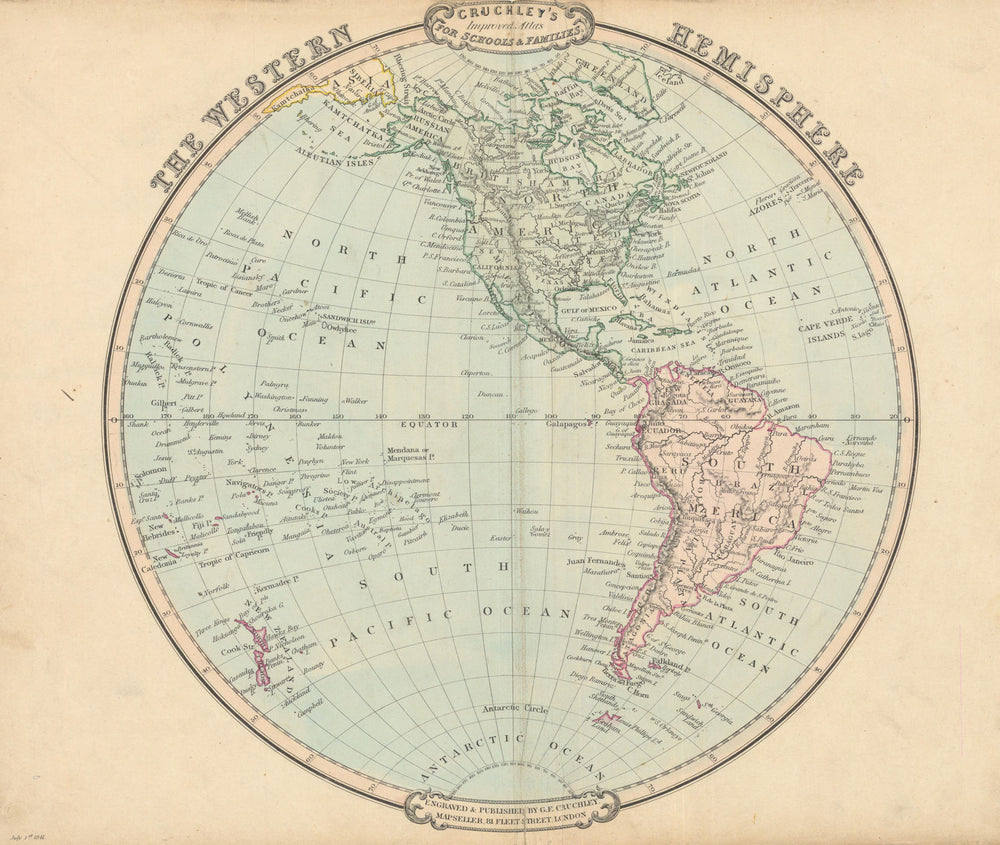 The Western Hemisphere. Americas. Decorative antique map by George Cruchley 1843