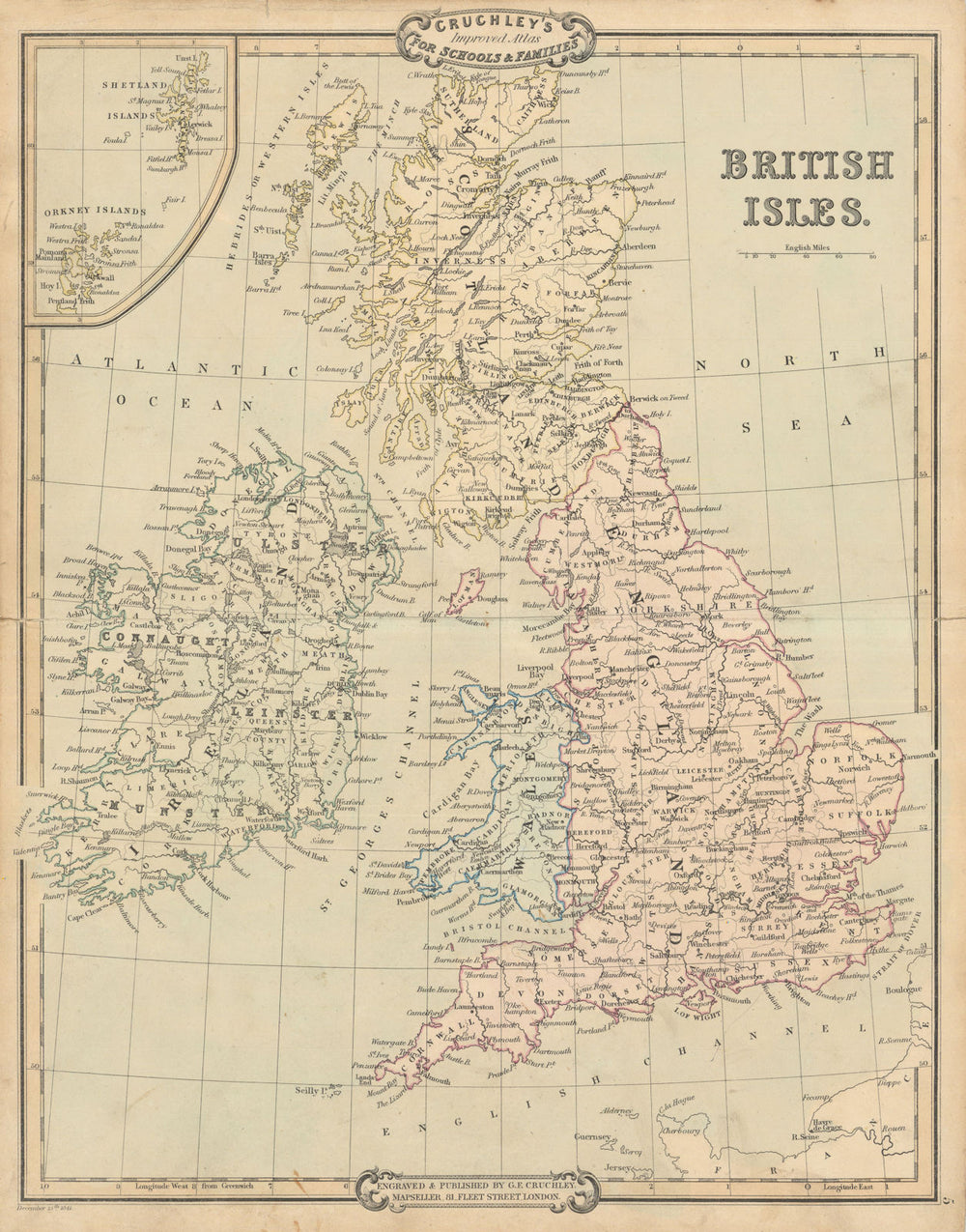 British Isles. Decorative antique map by George Cruchley 1843 old