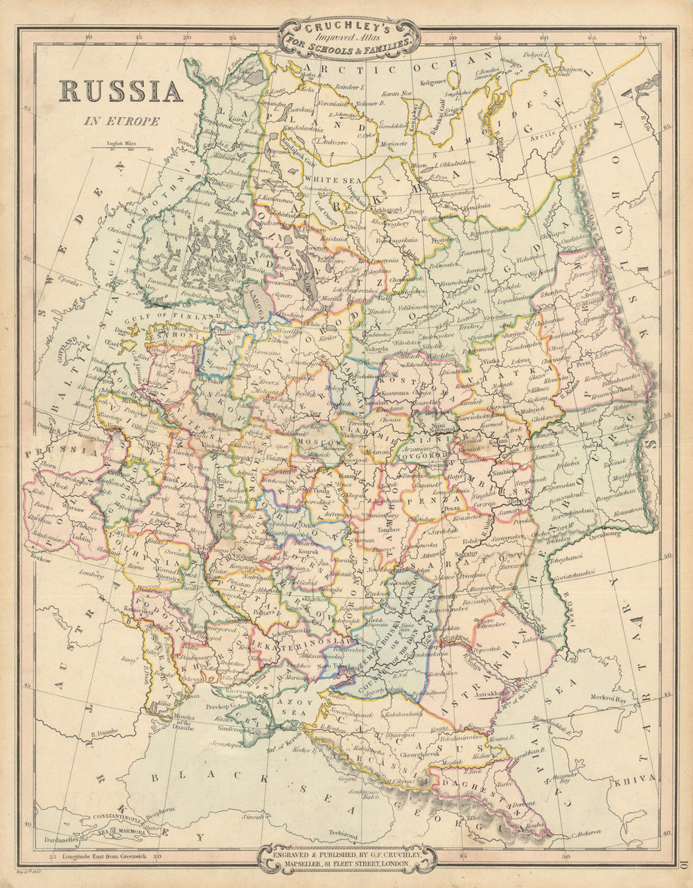 Russia in Europe. Decorative antique map by George Cruchley 1843 old
