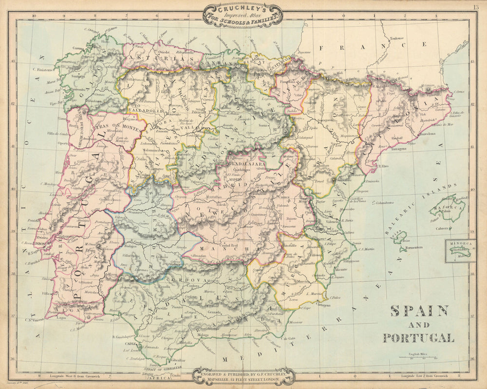 Spain and Portugal. Decorative antique map by George Cruchley 1843 old