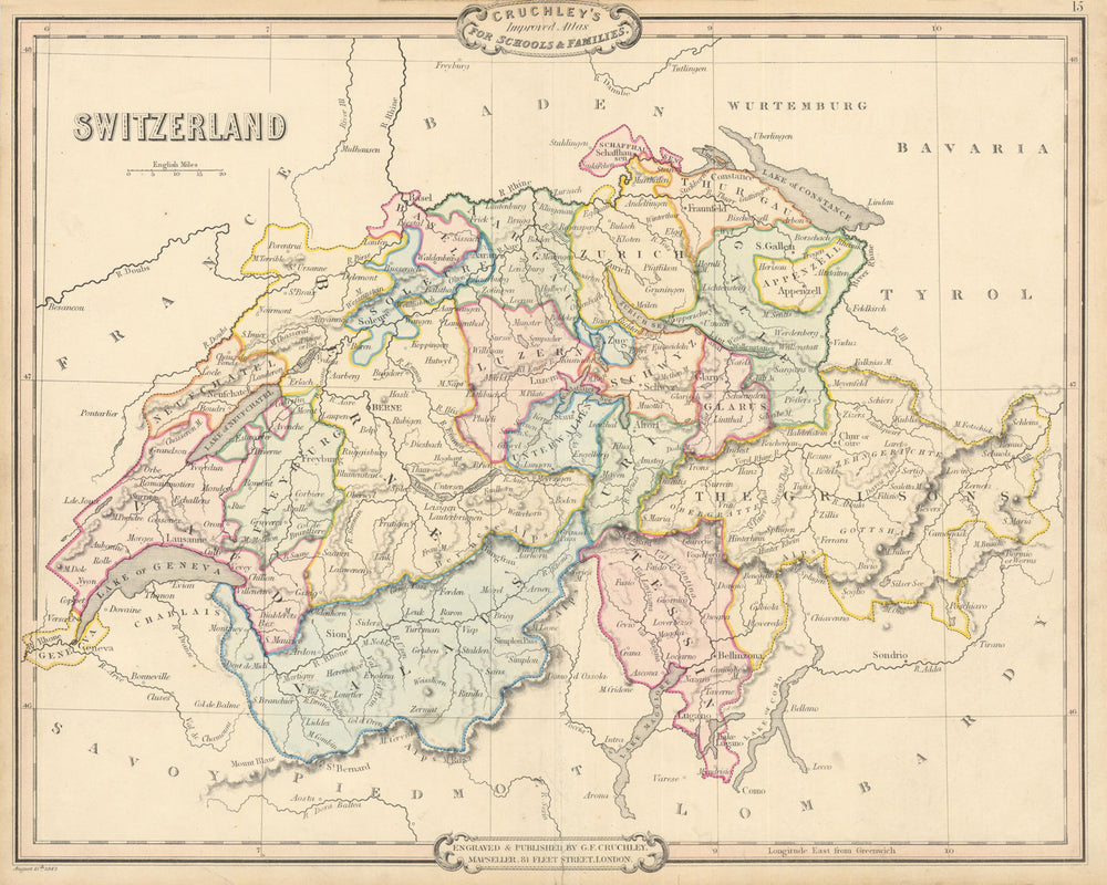 Switzerland. Decorative antique map by George Cruchley 1843 old