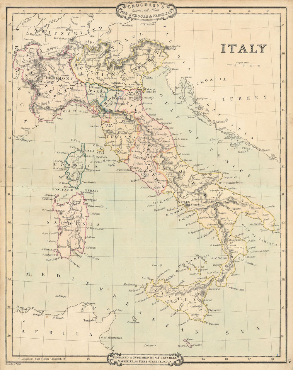 Italy. Venetian Lombardy. Sardinian States. Antique map by George Cruchley 1843