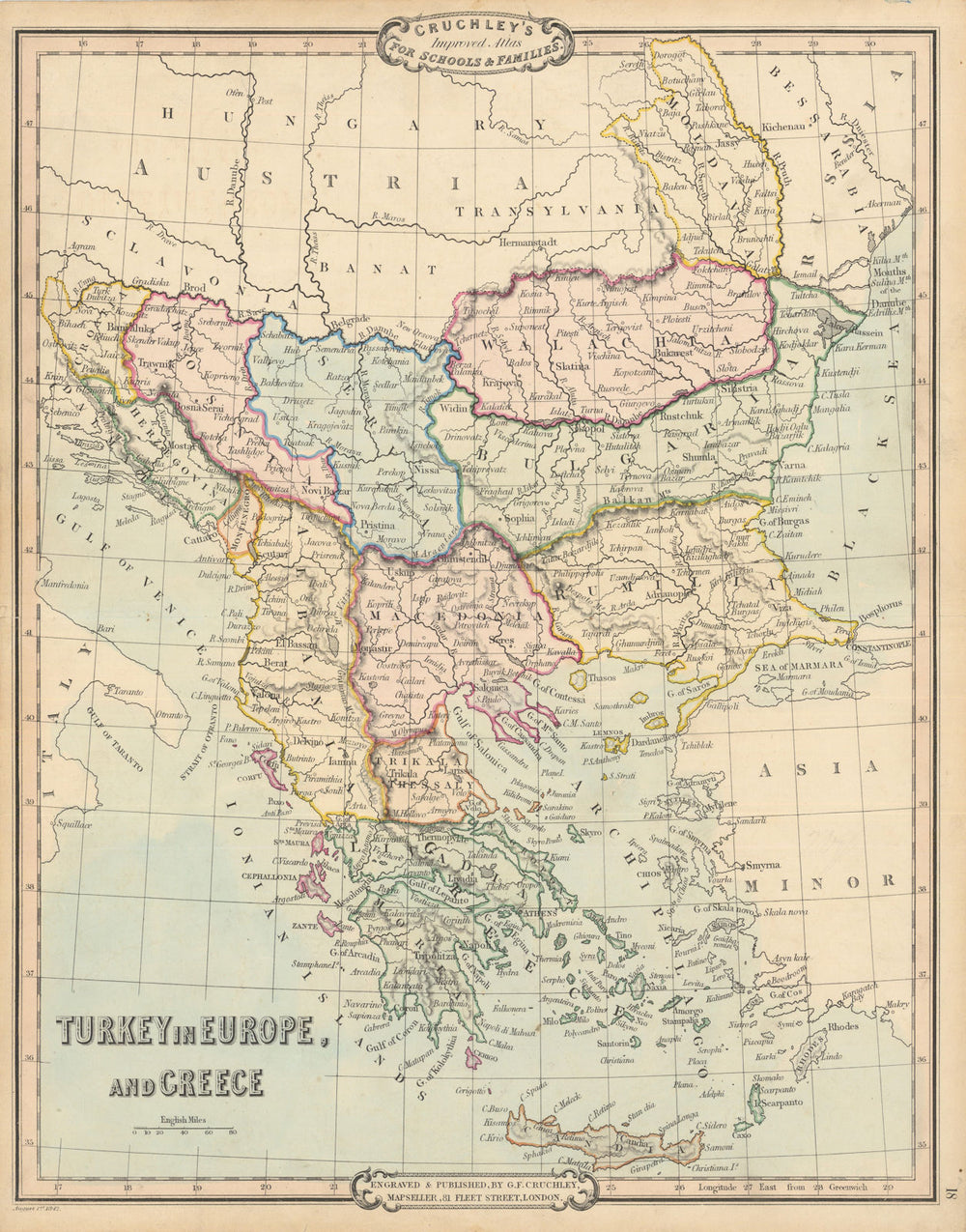 Turkey in Europe and Greece. Balkans. Antique map by George Cruchley 1843