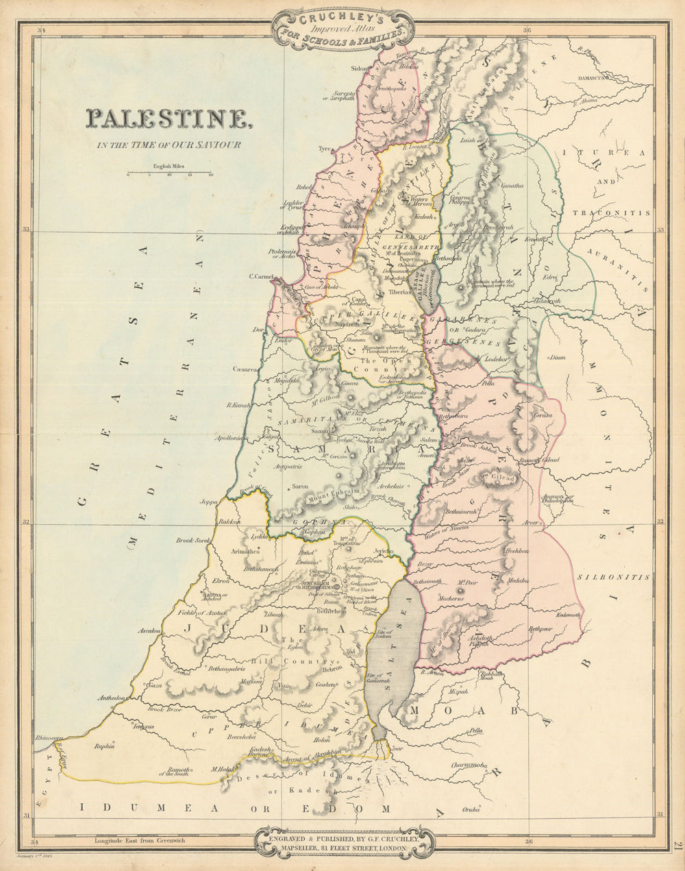 Palestine in the Time of Our Saviour. Israel antique map by George Cruchley 1843