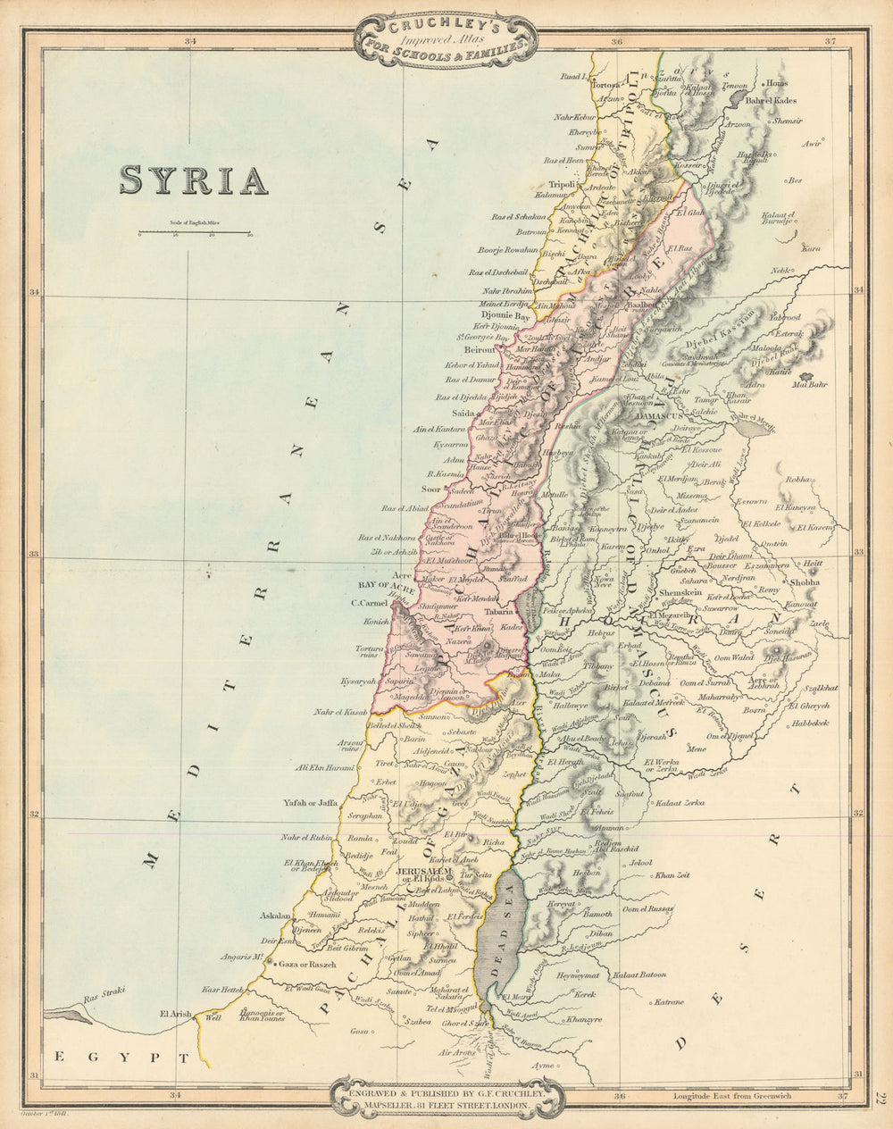 Syria. Ottoman Pachaliks of Gaza, Damascus, Acre & Tripoli. Cruchley 1843 map