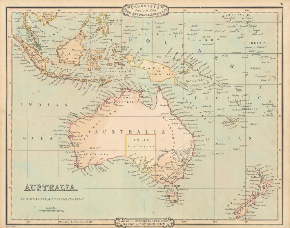 Australia, New Zealand & East India Islands. Antique map by George Cruchley 1843