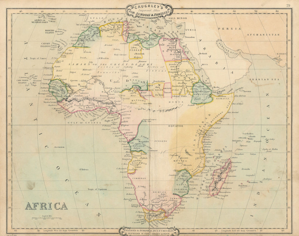 Pre-Colonial Africa. Decorative antique map by George Cruchley 1843 old