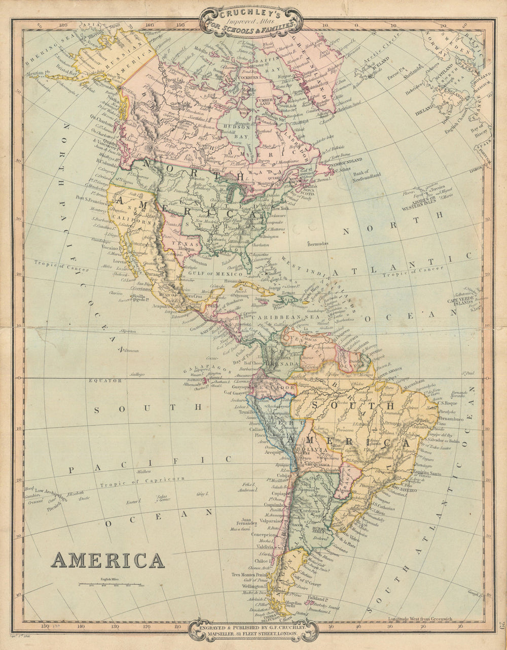Americas with Republic of Texas. Decorative antique map by George Cruchley 1843