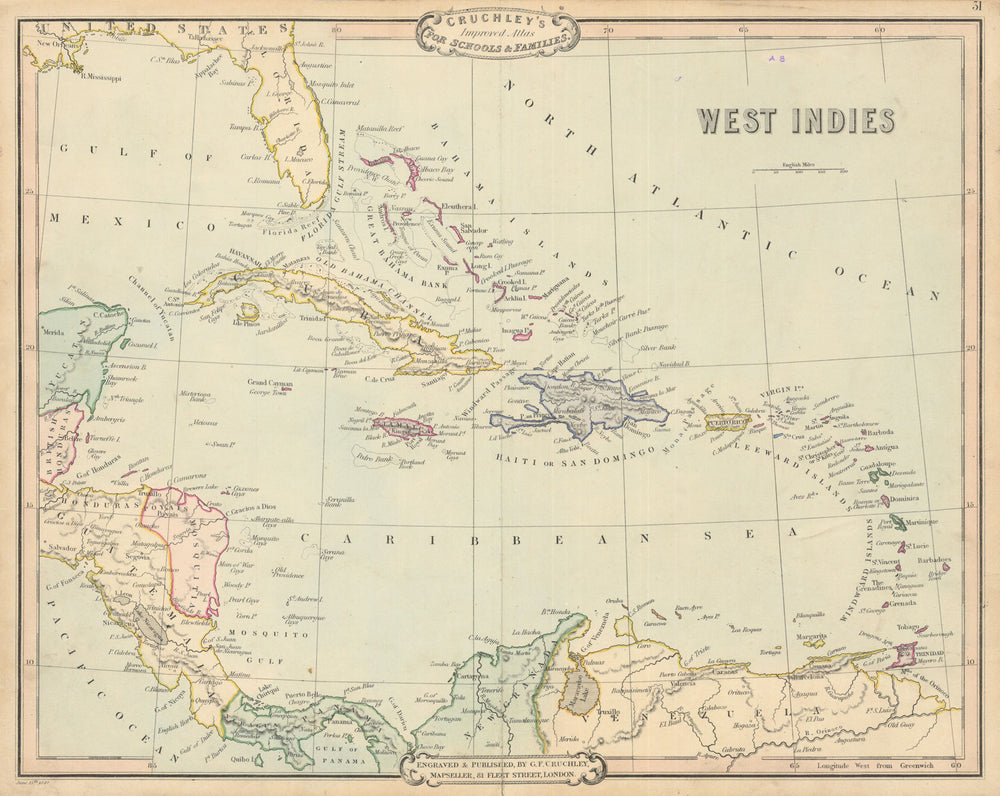 West Indies & Caribbean. Mosquitia. Antique map by George Cruchley 1843