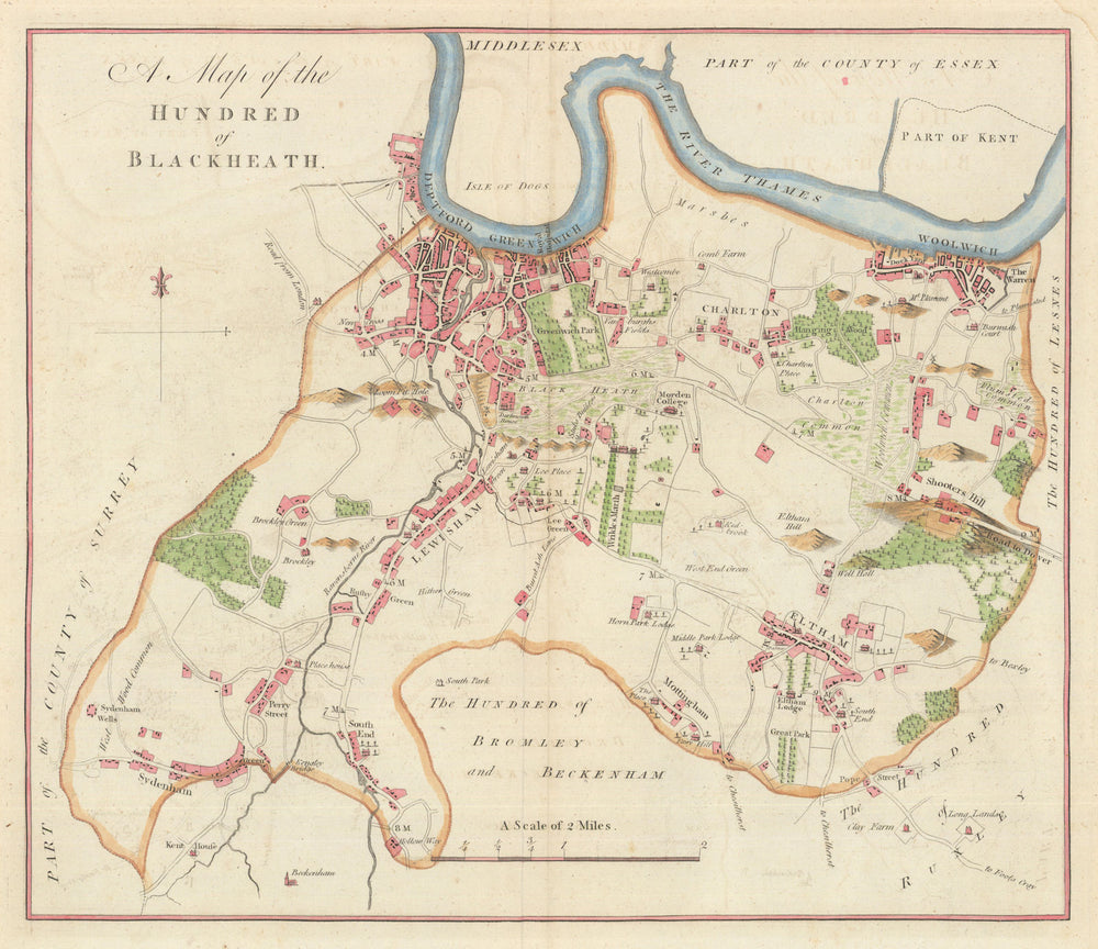 A Map of the Hundred of Blackheath, London. HASTED 1788 old antique chart