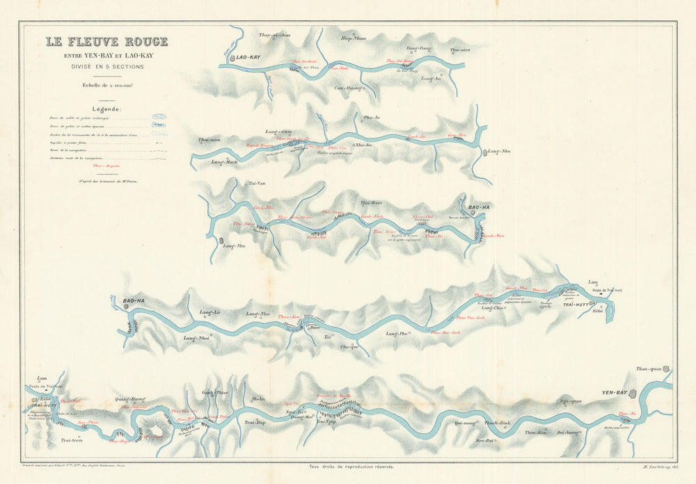 Le Fleuve Rouge entre Yen-Bay et Lac-Kay. The Red River, Vietnam c1899 old map
