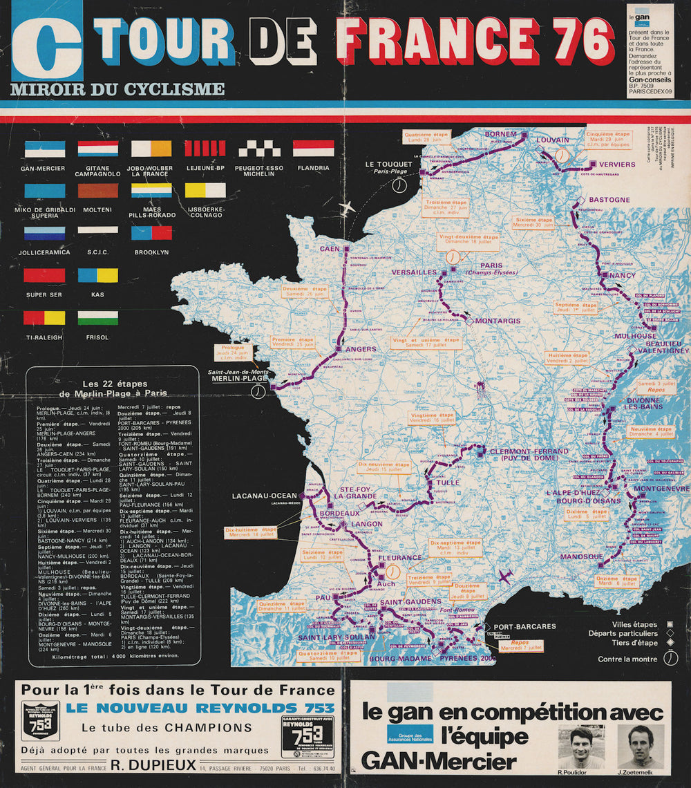 Tour de France - Miroir du Cyclisme. Cycling route poster map 59x59cm 1976