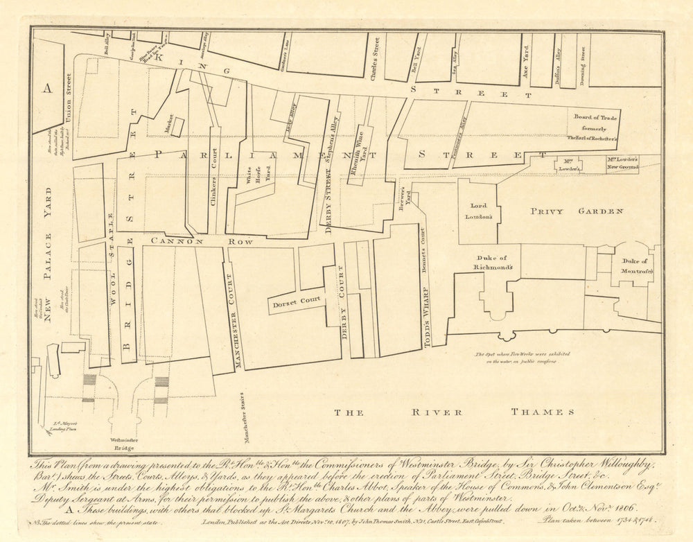 Westminster in 1734 before Parliament & Bridge Streets, by J.T. Smith 1807 map