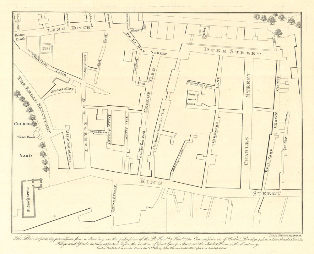 Plan of Westminster in 1734 before Parliament Street by J.T. Smith 1807 map