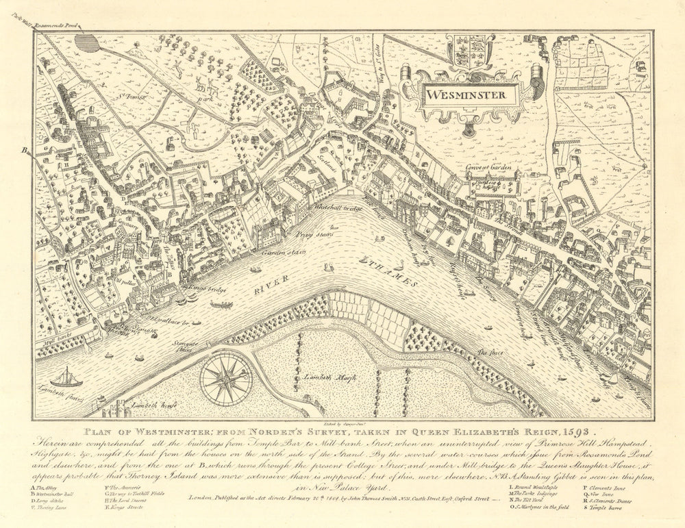 Westminster from Norden's 1593 Survey during Queen Elizabeth's Reign 1808 map