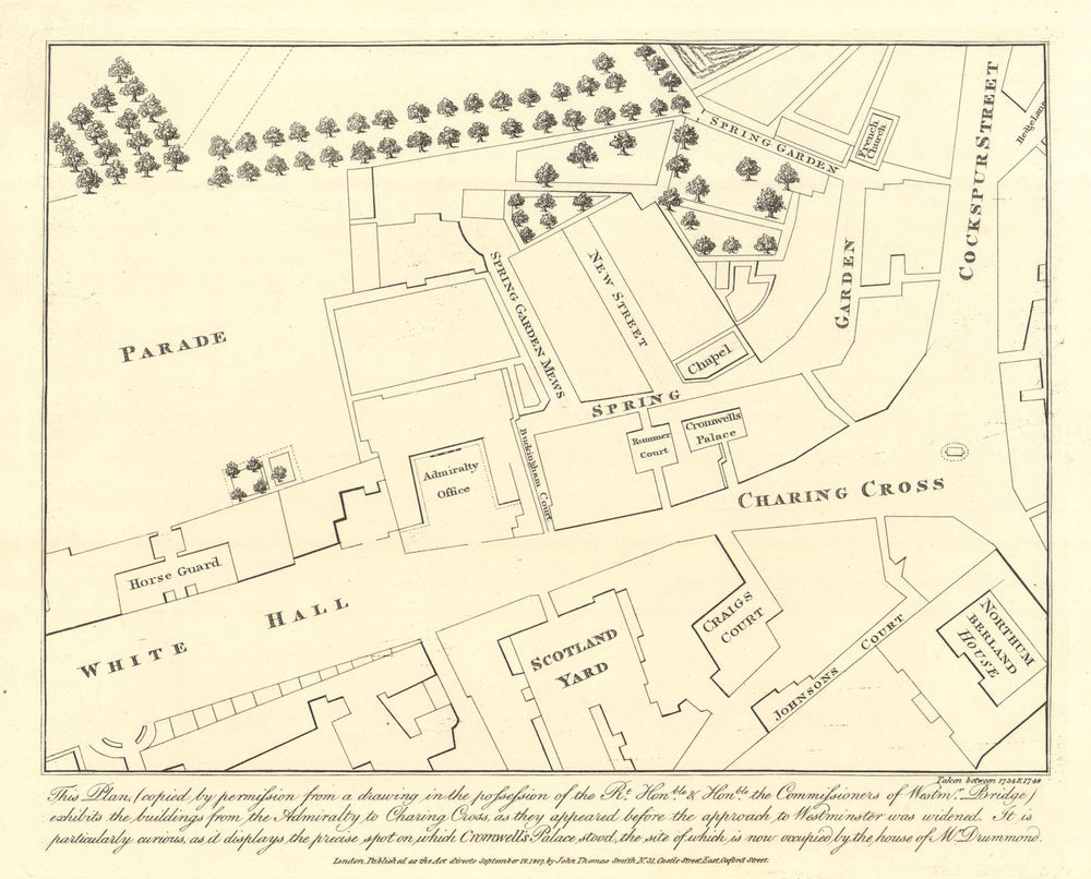 Plan of Charing Cross & Whitehall in 1734. Westminster. J.T. Smith 1807 map