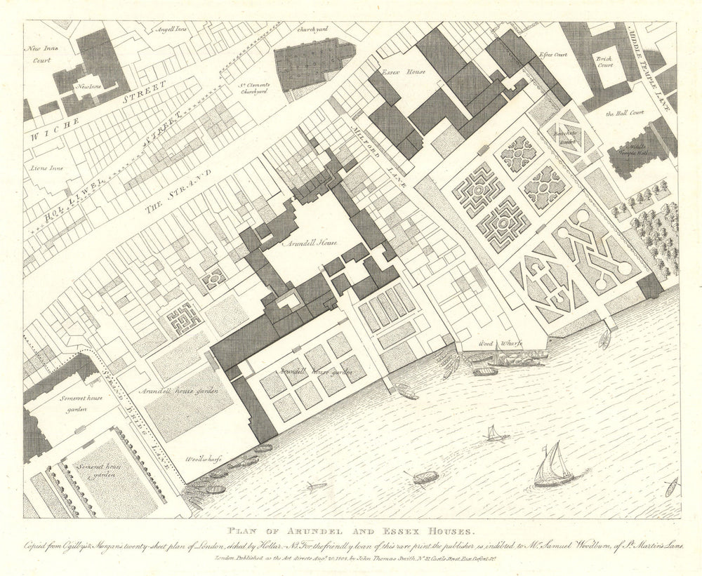 Strand. Arundel, Essex & Somerset Houses from Ogilby & Morgan. JT Smith 1808 map