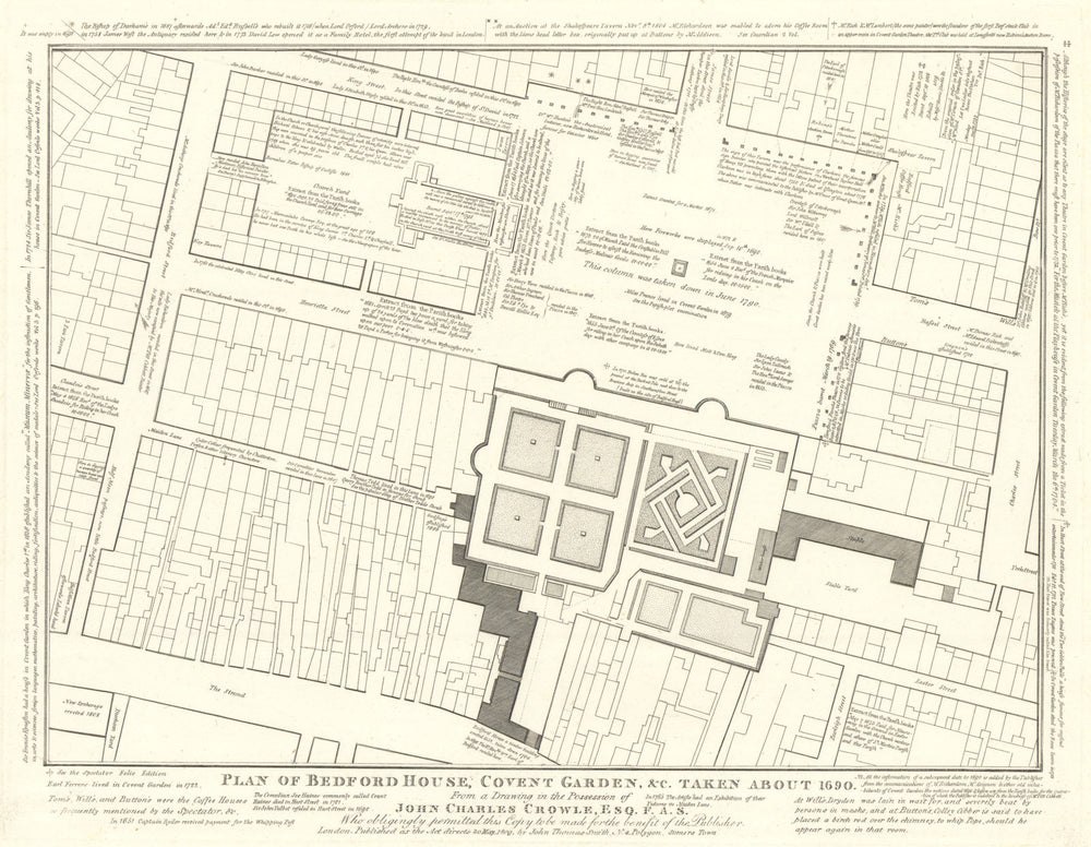 Plan of Covent Garden Piazza & Bedford House in 1690. J.T. Smith 1809 old map