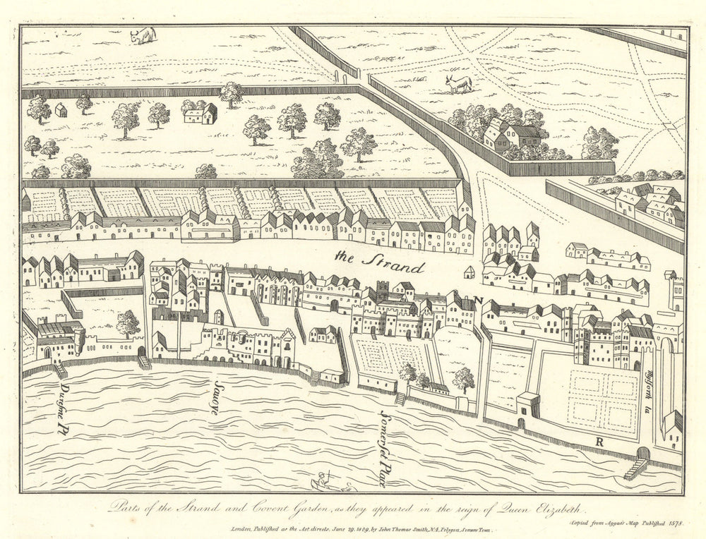 The original walled Covent Garden & Strand from Agas 1578 map J.T. Smith 1809