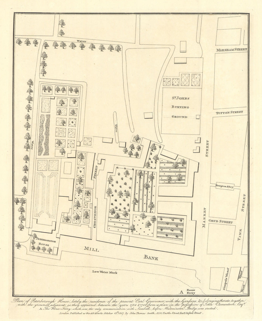 Plan of Peterborough House, the Earl of Grosvenor's residence. JT Smith 1807 map