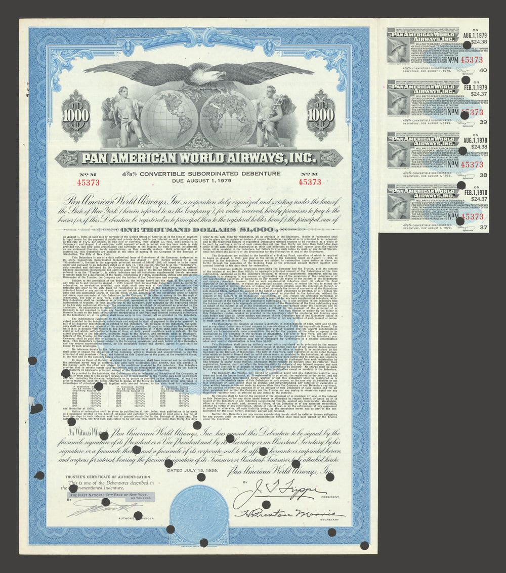 Pan American World Airways $1,000 4⅞% Debenture Certificate due 1979 issued 1959