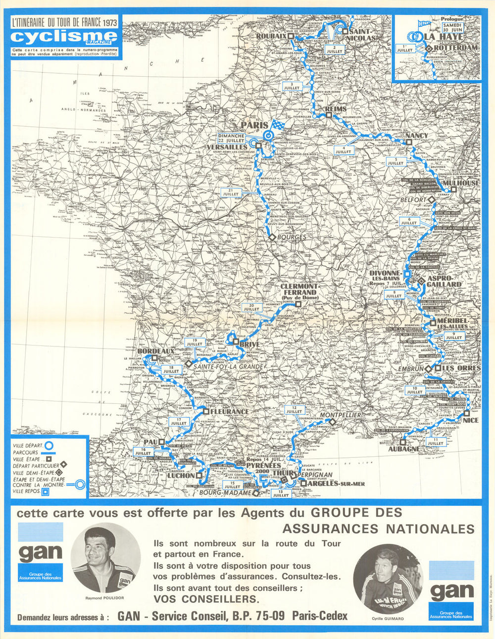 Tour de France - Cyclisme Magazine. Cycling route poster map 54x42cm 1973