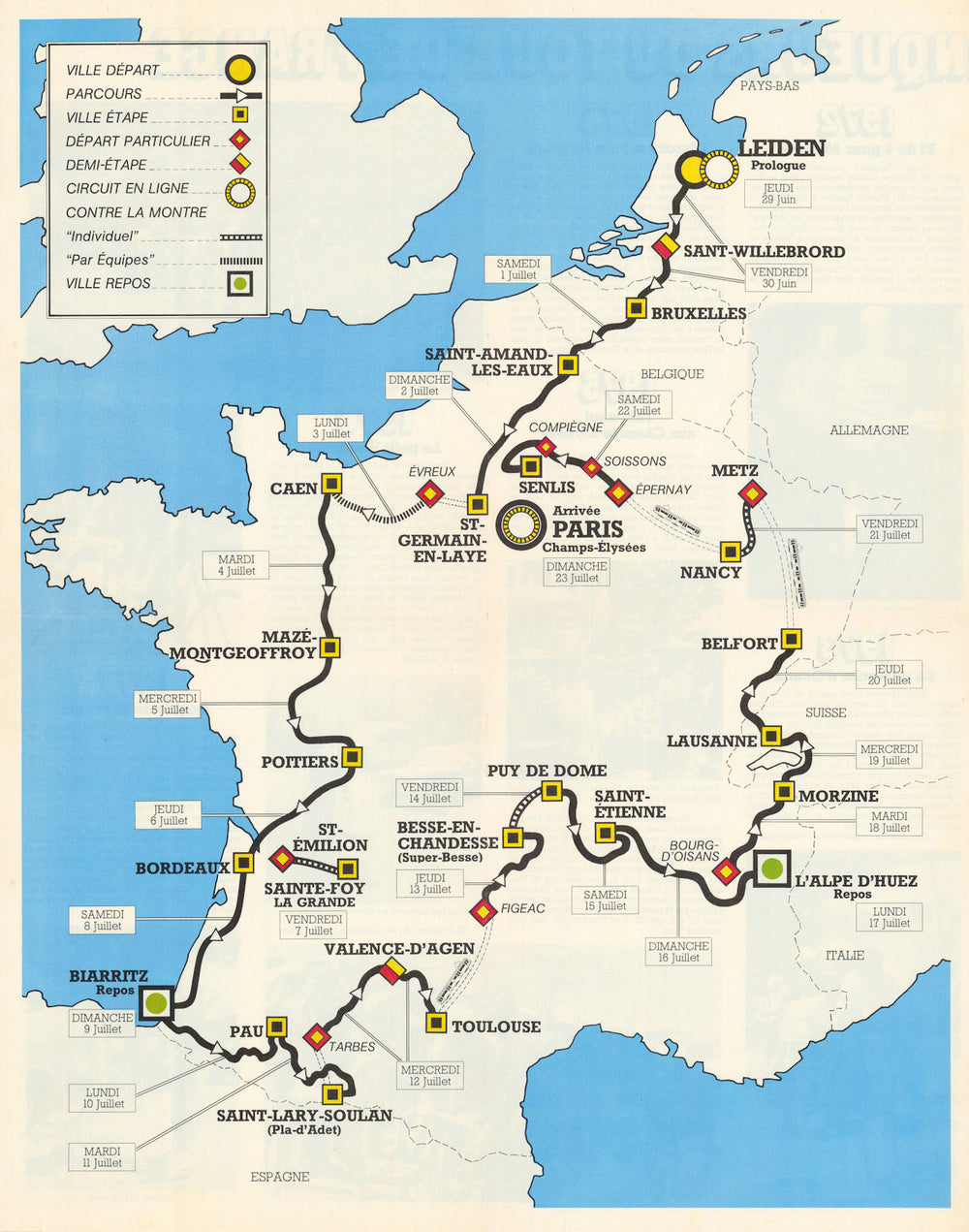 Les Etapes du Tour de France. Pif Gadget/Miko. Cycling poster map 45x57cm 1978