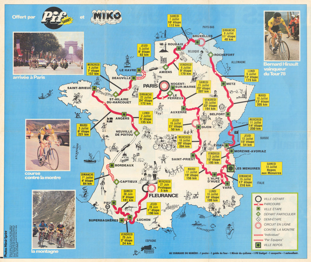 Les Etapes du Tour de France. Pif Gadget/Miko. Cycling poster map 68x57cm 1979
