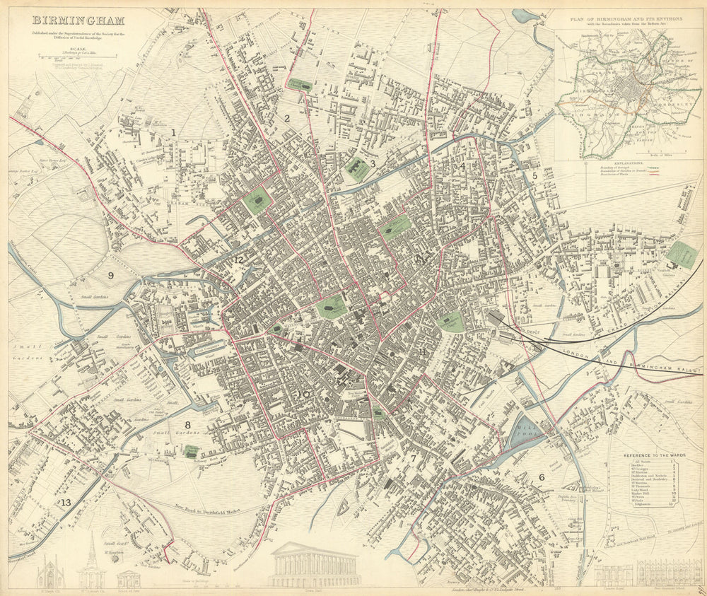 BIRMINGHAM. Antique town city map plan. Inset environs of Birmingham. SDUK 1847